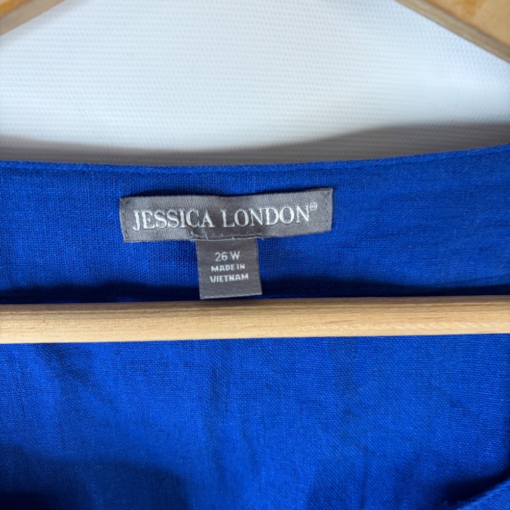 Jessica London Tunic Top Women 26W Royal Blue Embroidered Leaf Linen Blend - Picture 2 of 8